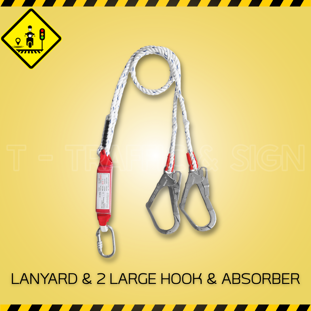 เชือกเซฟตี้กันตก Safety Lanyard พร้อมตะขอใหญ่ 2 หัว และตัวดูดซับแรง (Lanyard with 2 Hooks & Shock Absorber)